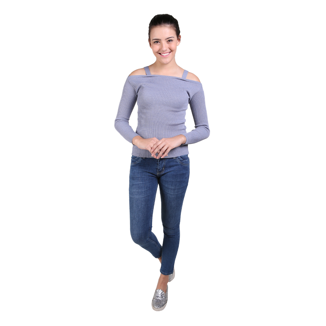Jfashion Blus Rajut/Knitting Tangan Panjang Open Shoulder Gaya Korea-
