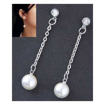 LRC Anting Tusuk Fashion Silver Color Pearls Decorated Long Earrings