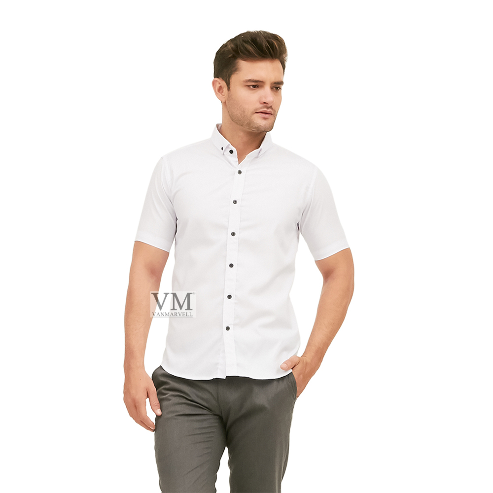 Vanmarvell Kemeja Oxford Casual Polos Pendek - Putih