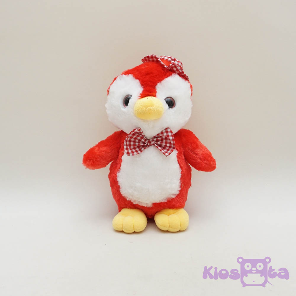 boneka penguin bulu topi merah tua