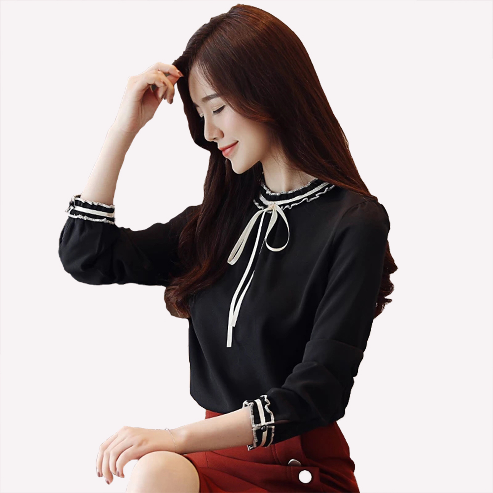 Jfashion Blus Tangan Panjang Gaya Korea Variasi pita Leher - Josephine
