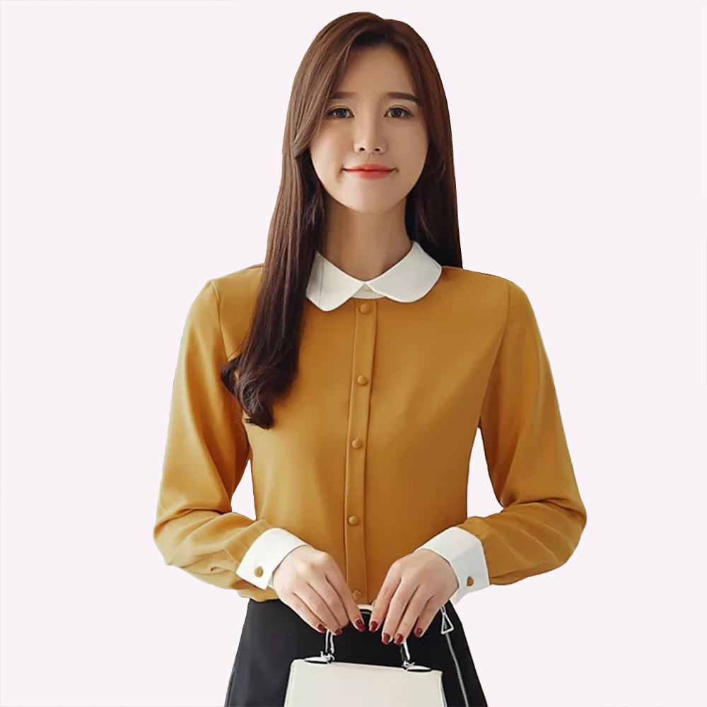 Blus Lengan panjang Variasi kerah dan kancing tempel - Jfashion Kimchi