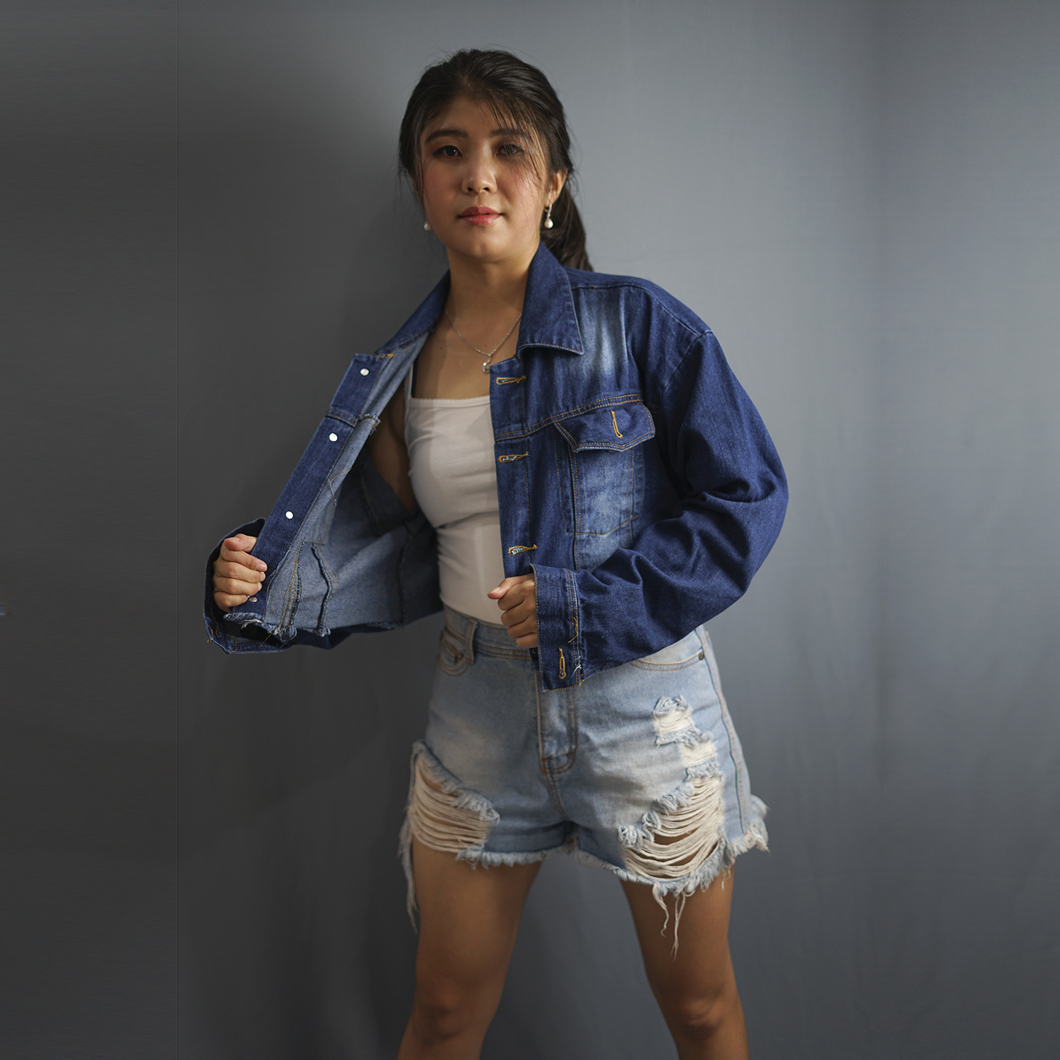 Jaket Denim Jeans cropped sobek gaya Korea Terbaru - Jfashion Valerie
