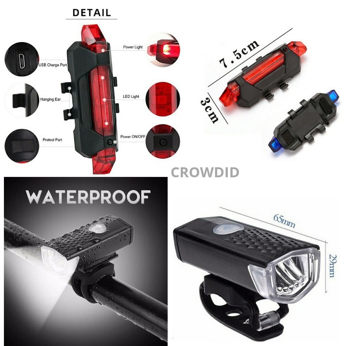 Paket Bundling Lampu Sepeda Depan Belakang Usb Led