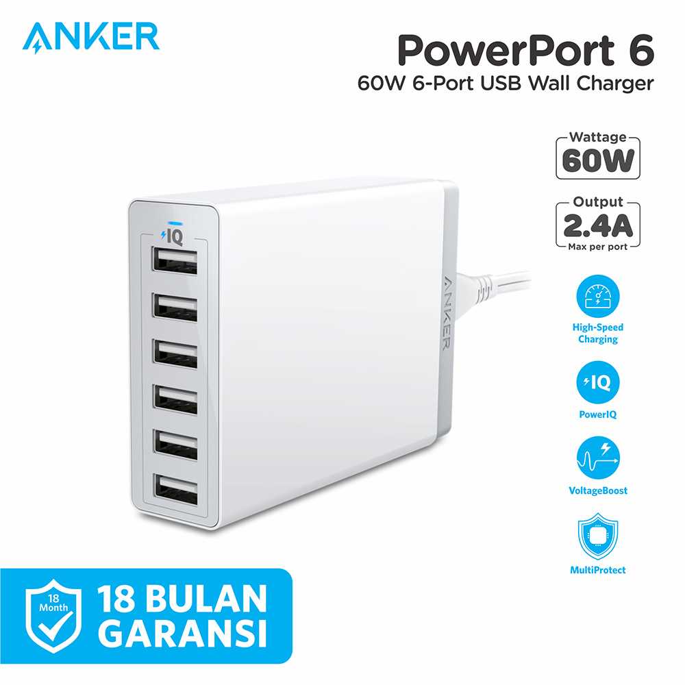 Jual Anker PowerPort 6 USB Charger 6 Port - White A2123T21