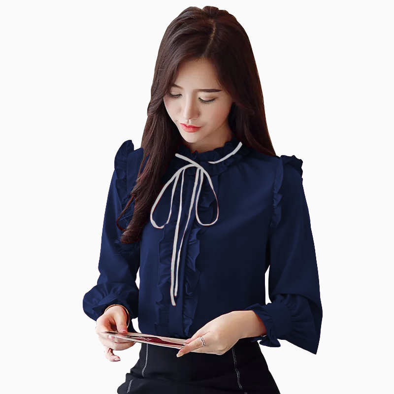Kemeja lengan Panjang Gaya Korea Variasi pita Leher - Jfashion Athena