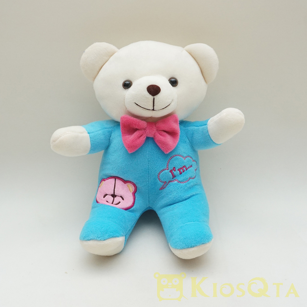 Boneka teddy bear putih piyama biru dasi kupu kupu pink