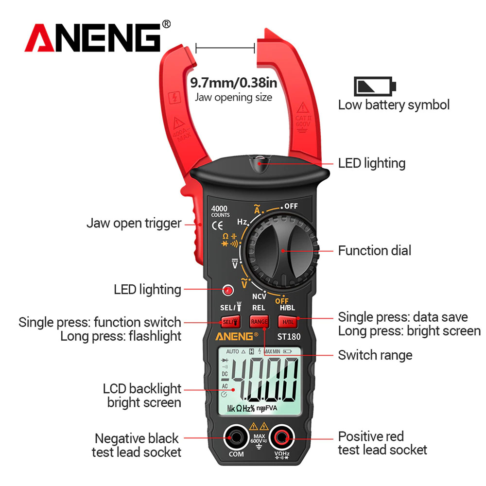 ANENG Digital Clamp Meter Voltage Tester NCV 4000 Digit - ST180