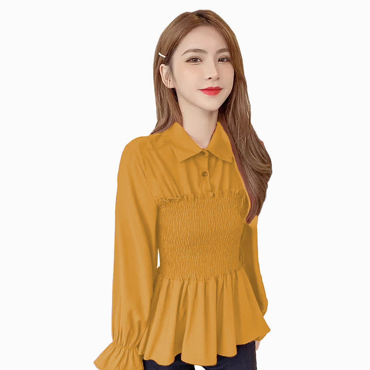 Blus lengan panjang Gaya Korea variasi krah kemeja - Jfashion Maharani