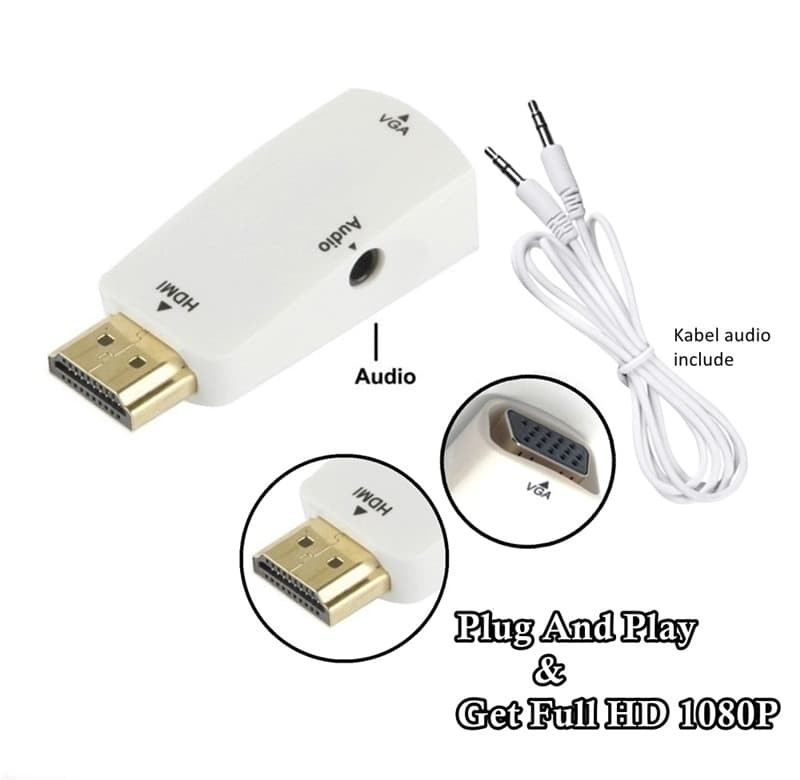 HDMI MALE TO VGA FEMALE Adaptor With Audio Converter Putih