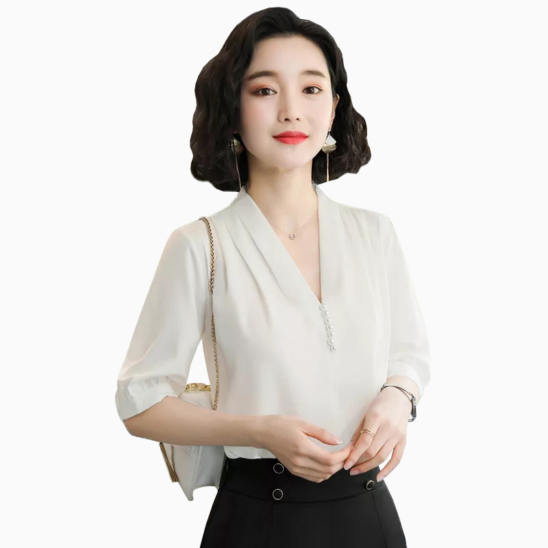 Blus lengan pendek variasi mutiara di leher - Jfashion Natya