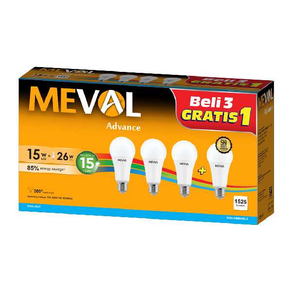 Jual Meval LED Bulb 15 W Paket 3 Gratis 1 - Putih | Jakmall.com