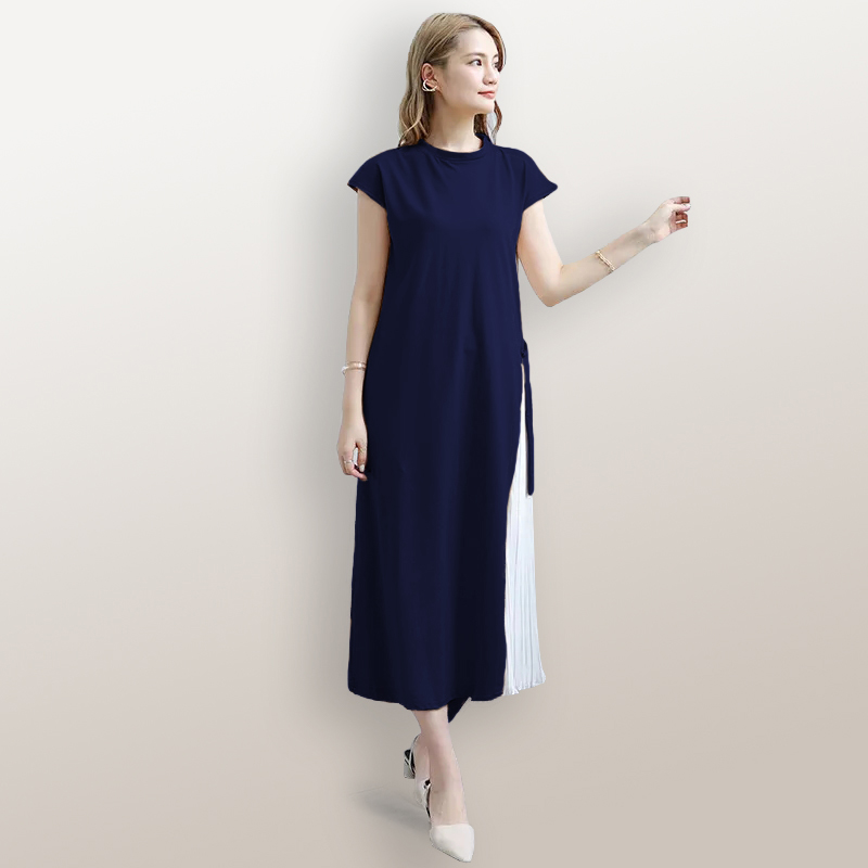 Dress sleeves tanpa lengan wanita kombinasi bahan - Jfashion Azalea