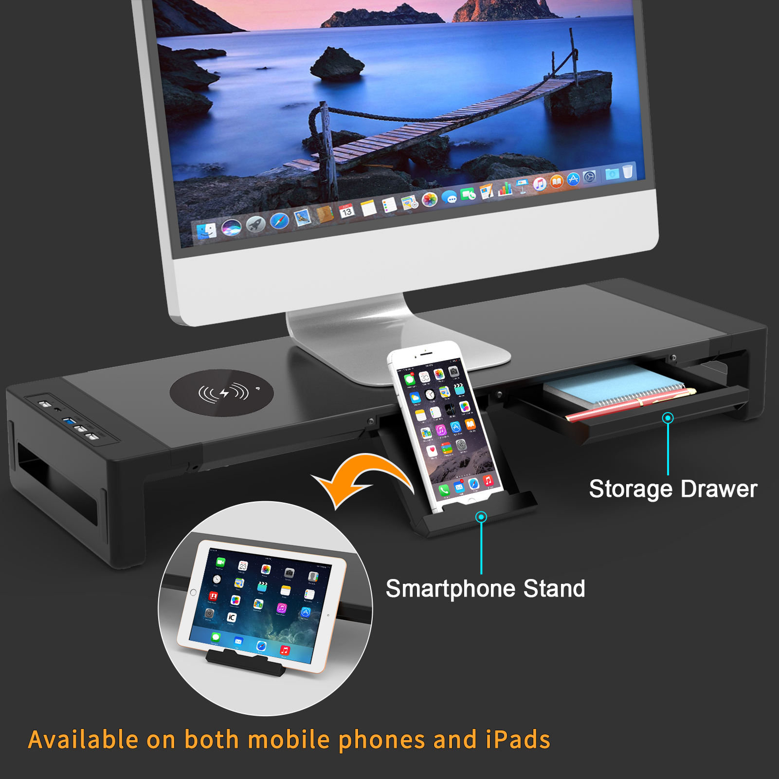 MJH Stand Monitor Laptop Desk with Wireless Charging and USB Port - KM6052