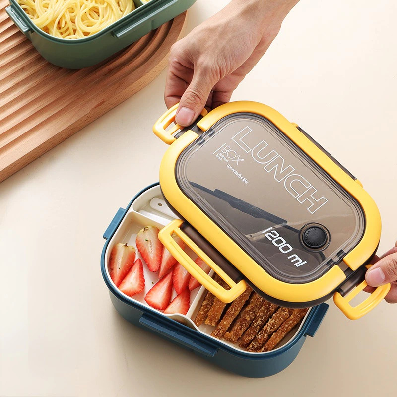 HOMEFAVOR Kotak Makan Anti Tumpah Lunch Box Double Layer 3 Grid 1.2L - HF225