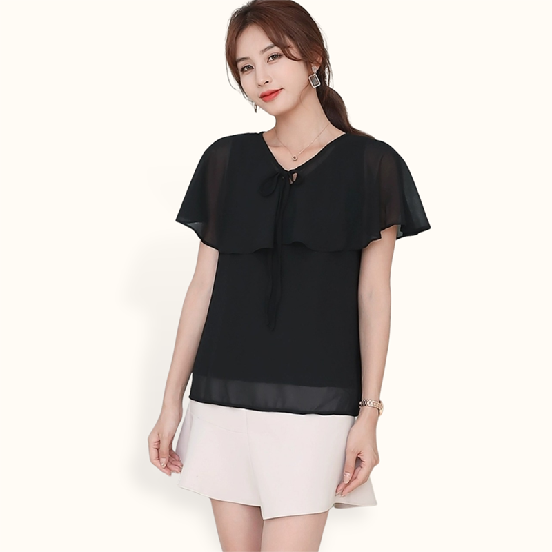 Blus Sifon lengan pendek double layer variasi tali - Jfashion Maliha