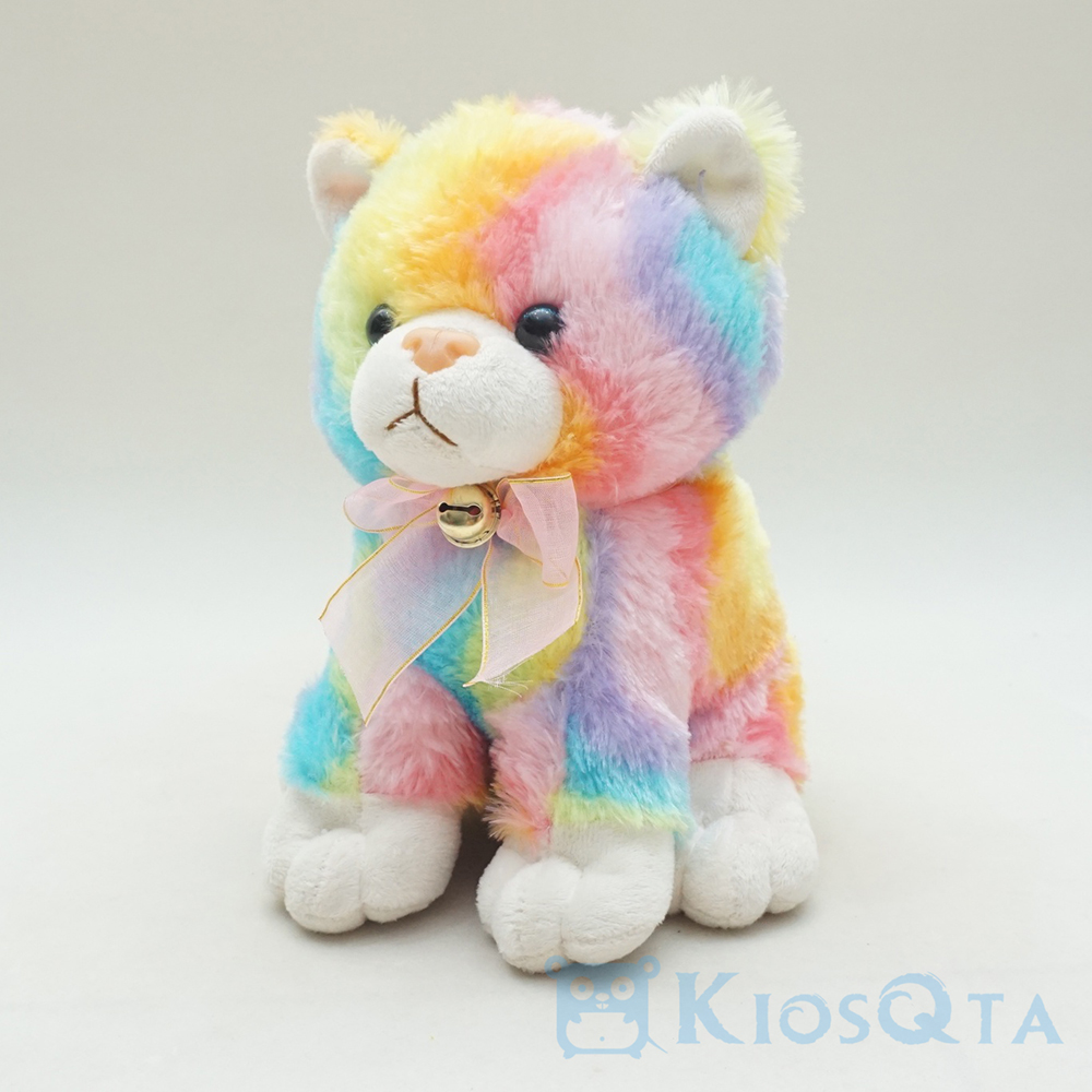 boneka kucing pelangi rainbow cat pita lonceng pink lucu small