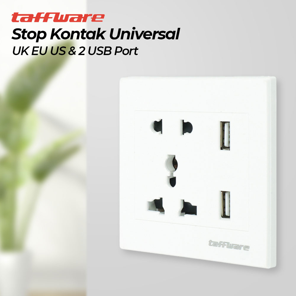 Taffware Stop Kontak Dinding Universal UK EU US dan 2 USB Port - ATH1