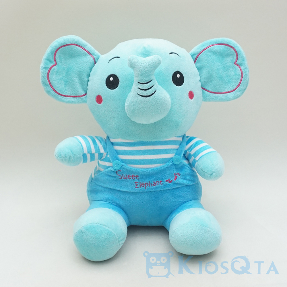 boneka gajah duduk biru blue elephant baju garis medium