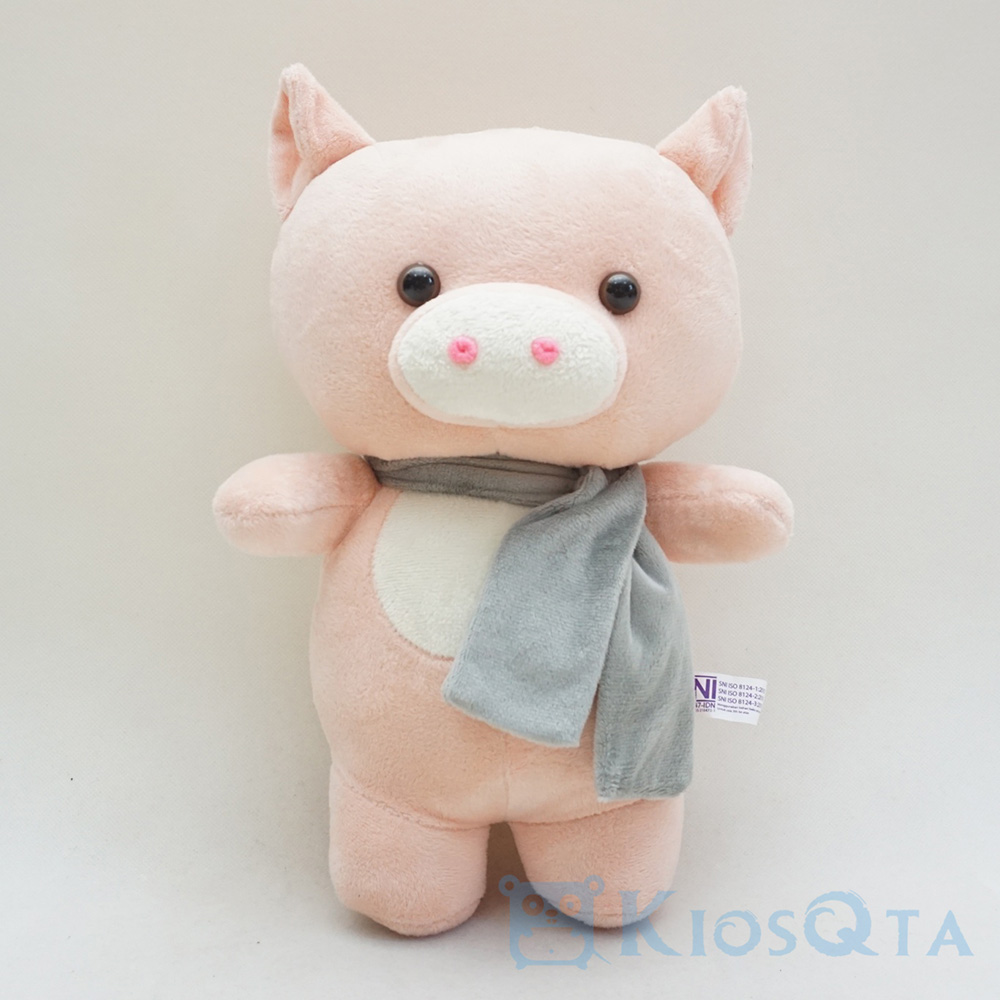 boneka babi lucu standing pig pink syal abu abu large