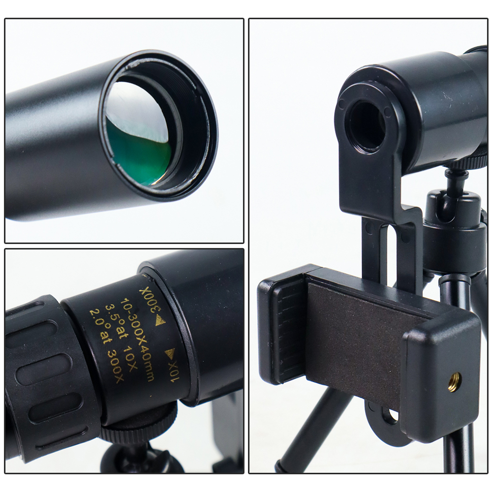 TacRight Monocular Telescope 10-300x Zoom with Tripod and Clip - T-11