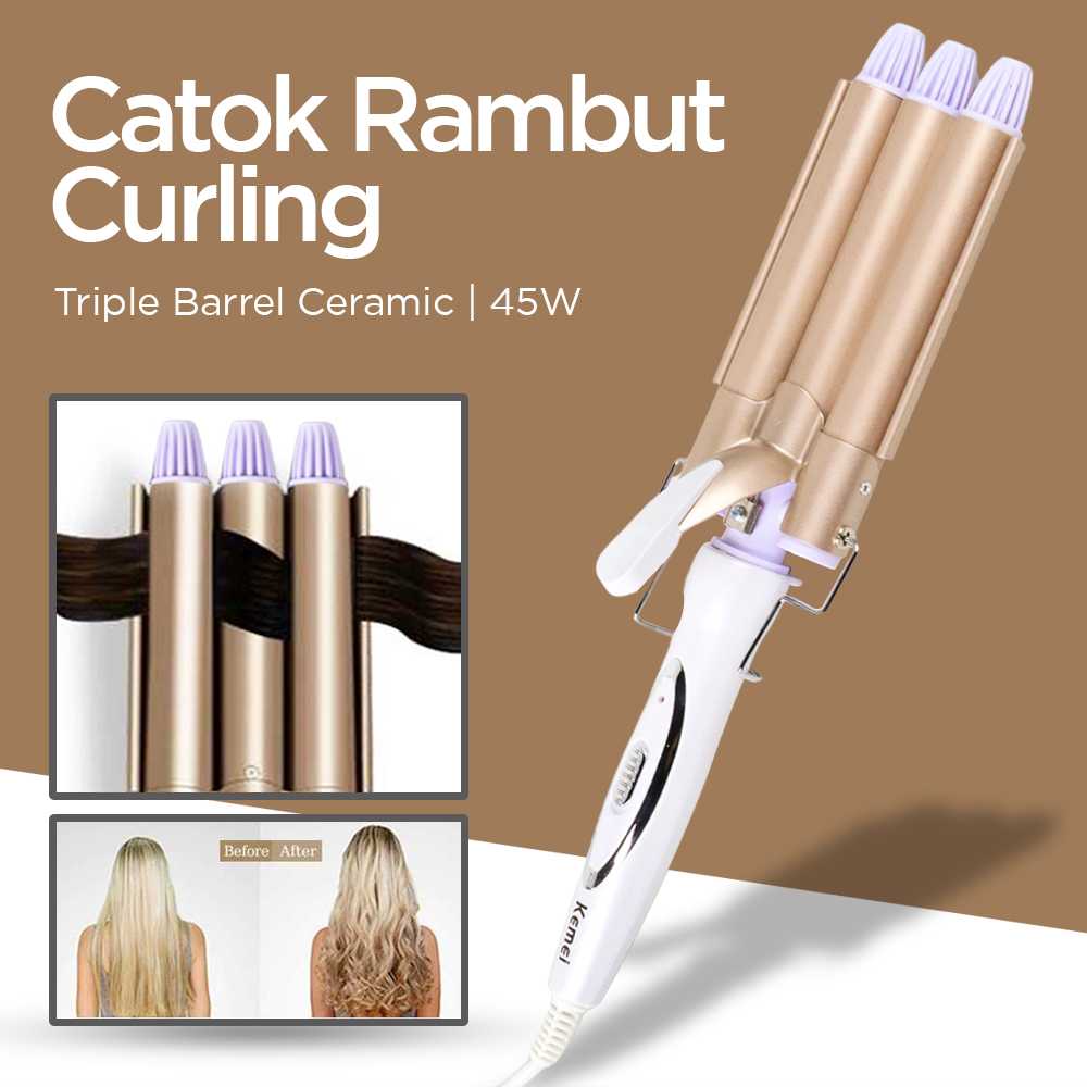 Jual Kemei Catok Rambut Curling Triple Barrel Ceramic 45W