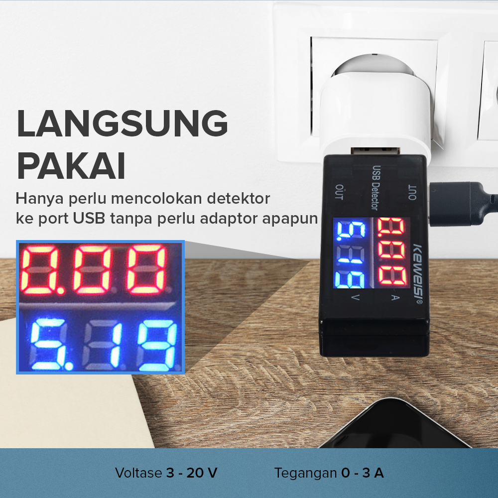 KEWEISI USB Charger Power Current Voltage Tester Detector 3-20V 0-3A - KWS-10VA