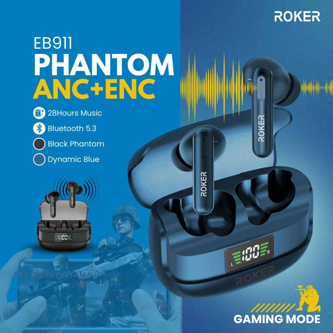 Tws Roker Jual Tws Roker Phantom ANC+ENC Wireles bluetooth dual Noise