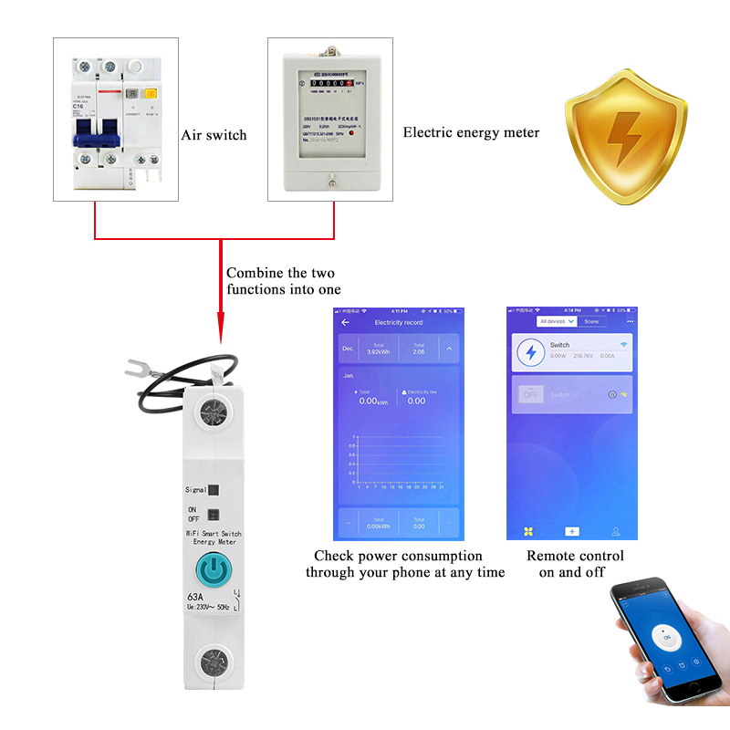 WDYK Din Rail 1P Smart kWh Monitor WiFi Timer Virtual Assistant 63A - ZJSB9-80Z