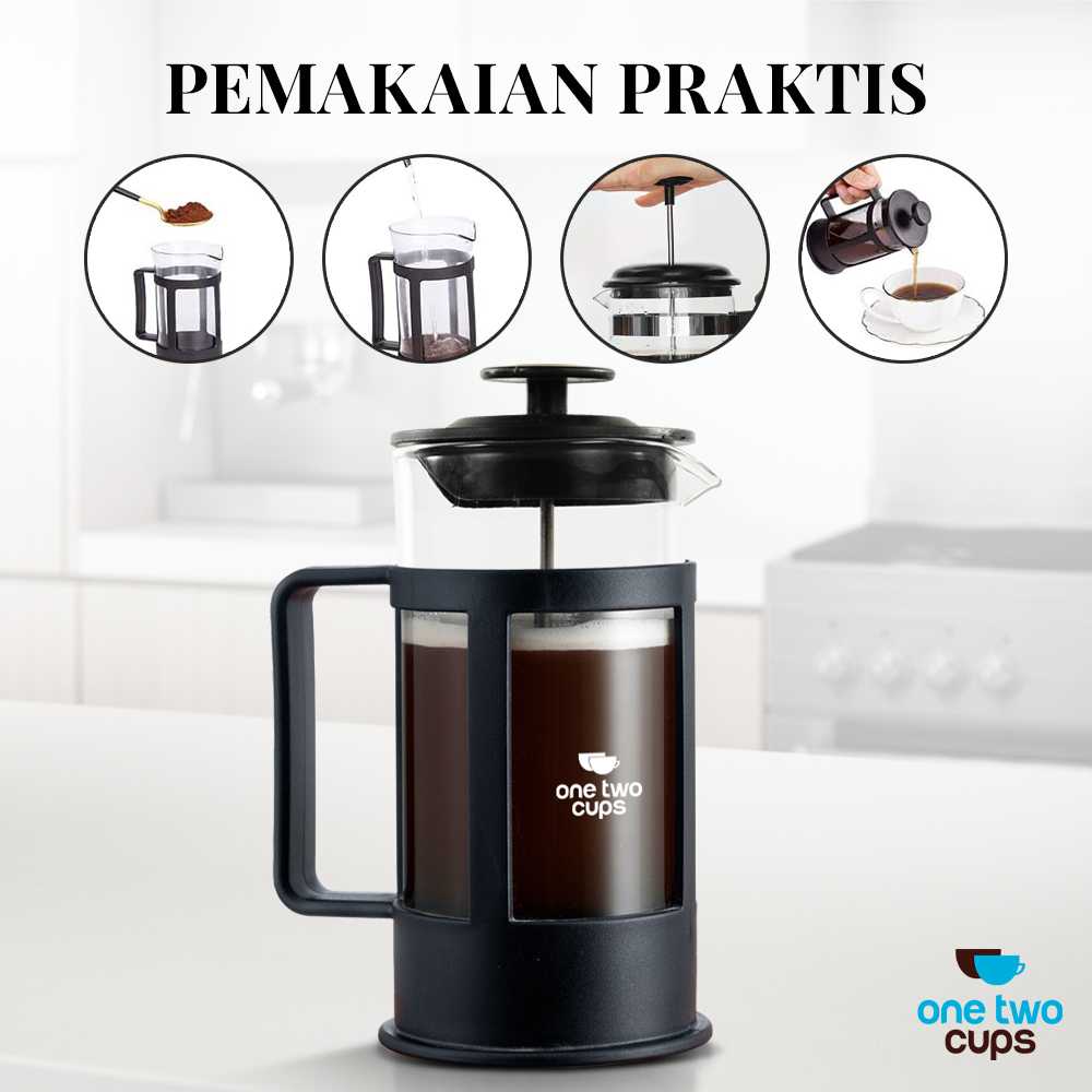 One Two Cups French Press Coffee Maker Pot Plunger Borosilicate Glass - FN35 - Gambar 3