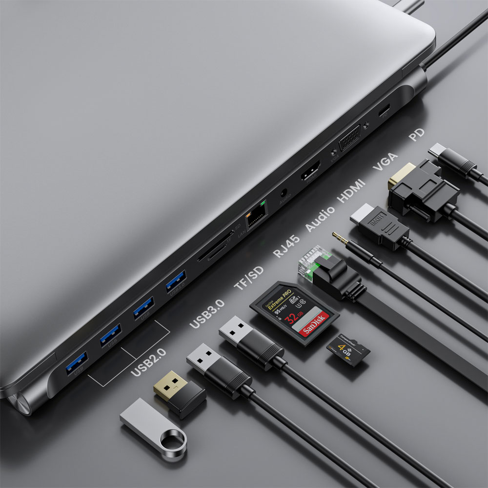 Docktion USB Hub Type C Adaptor 11in1 HDMI 4K AUX Card Reader - BYL-2003