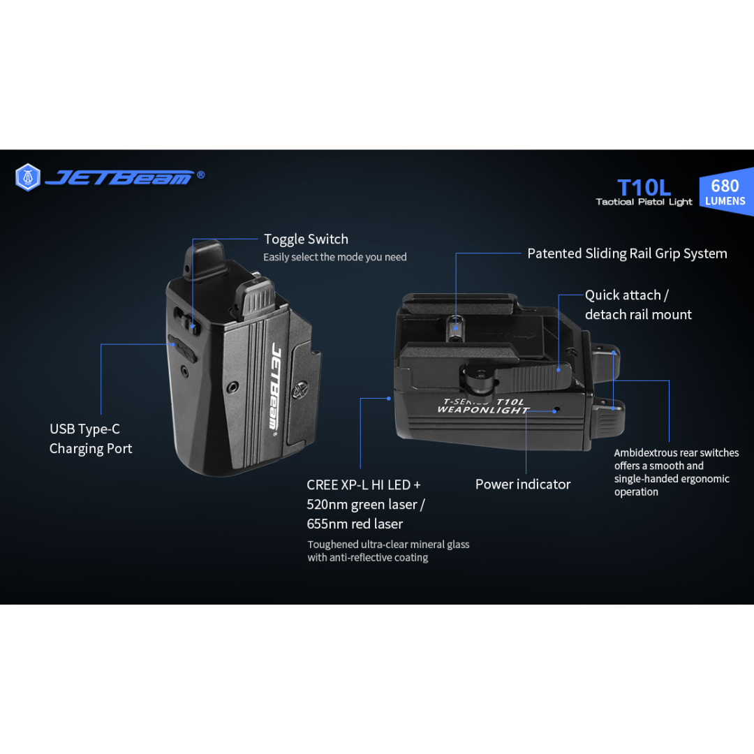 JETBeam Senter Pistol LED Weapon Light Tactical USB 680lm - T10L