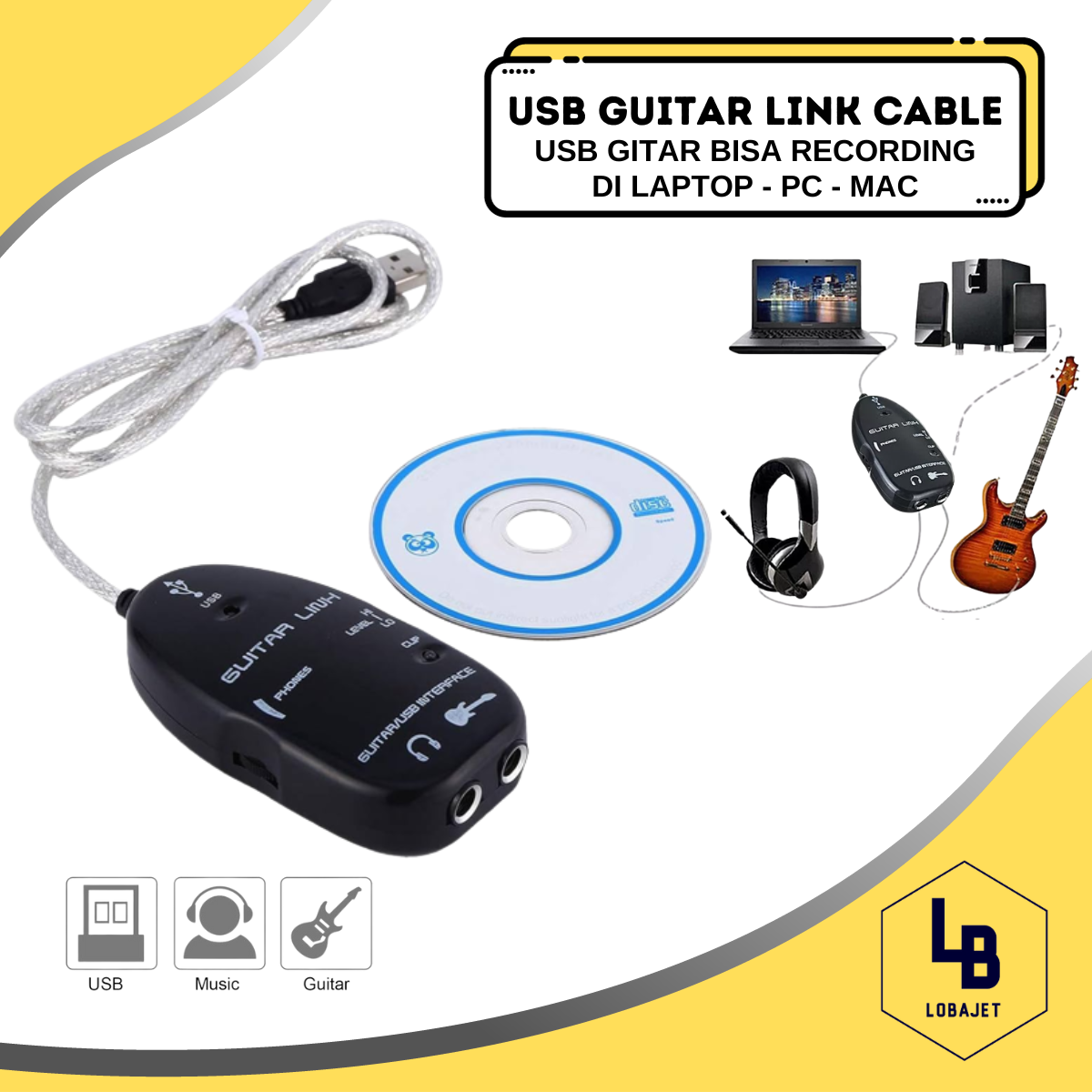 Jual Guitar to USB Interface Link Audio Wire 6.5mm Male Stereo