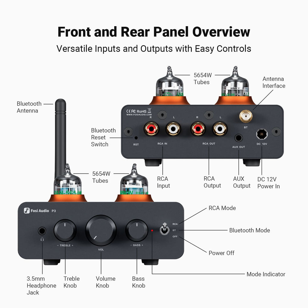 Fosi Audio Preamp Tube Bluetooth 5.1 AptX LL HD Bass and Treble - P3