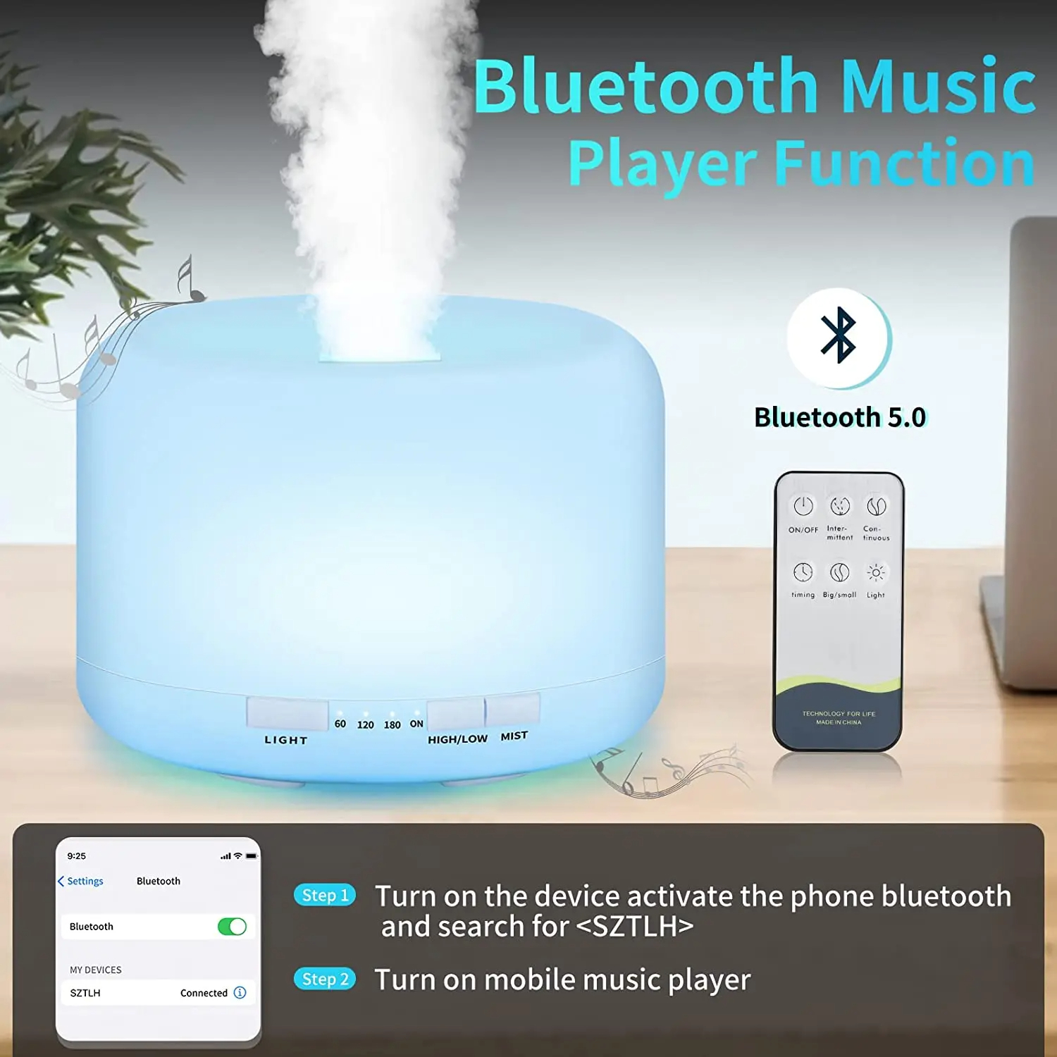 SZTLH Air Humidifier Mini Ultrasonic Diffuser Speaker Bluetooth 500ml - SZ-A1