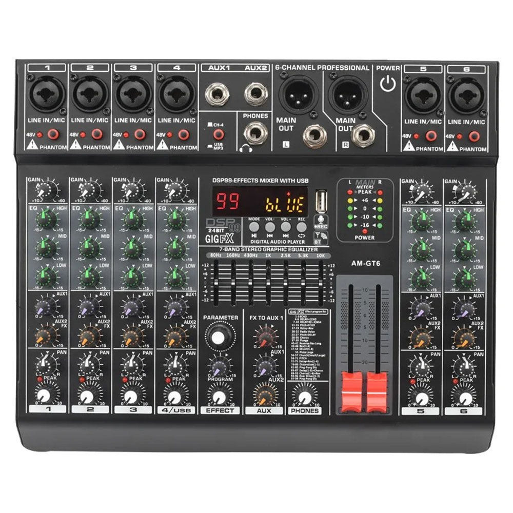 LOMEHO Mixer Audio Professional DSP 99 Effects Bluetooth USB 6 Channel - AM-GT6