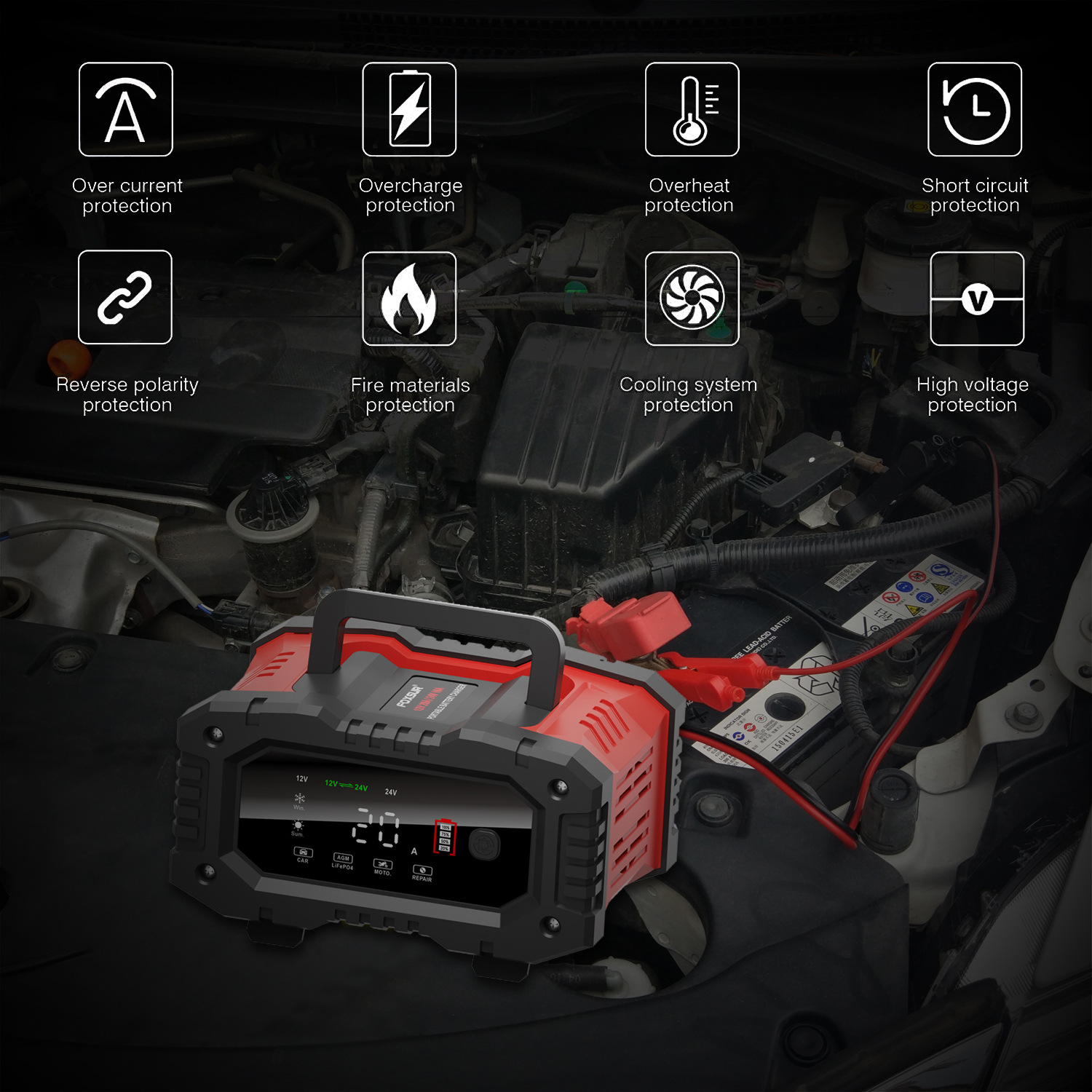 FOXSUR Charger Baterai Aki Mobil Motor Portable 10A 150W 12/24V - FPT-100