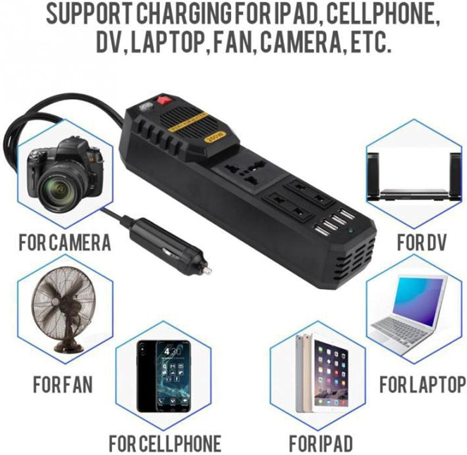 OTOHEROES Car Power Inverter DC 12V to AC 220V 200W with 4 USB Port - E8981