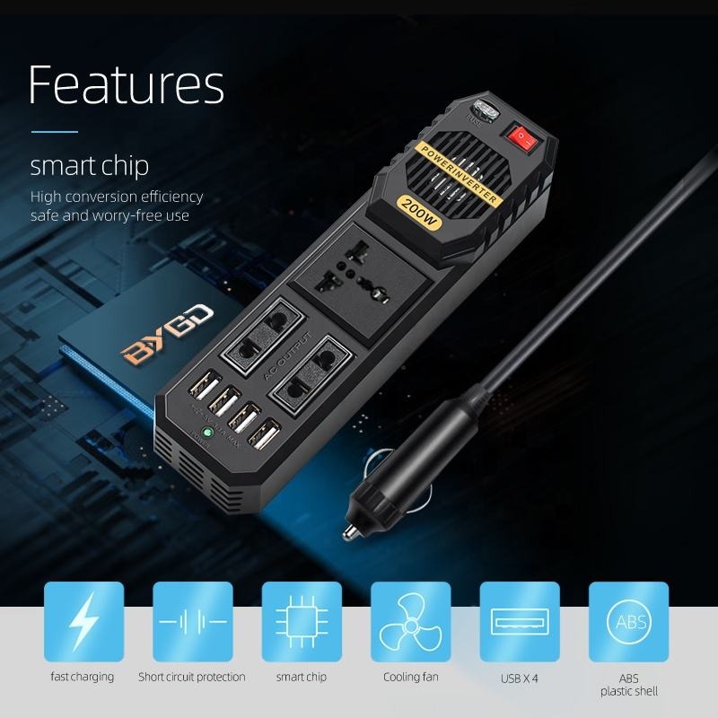 OTOHEROES Car Power Inverter DC 12V to AC 220V 200W with 4 USB Port - E8981