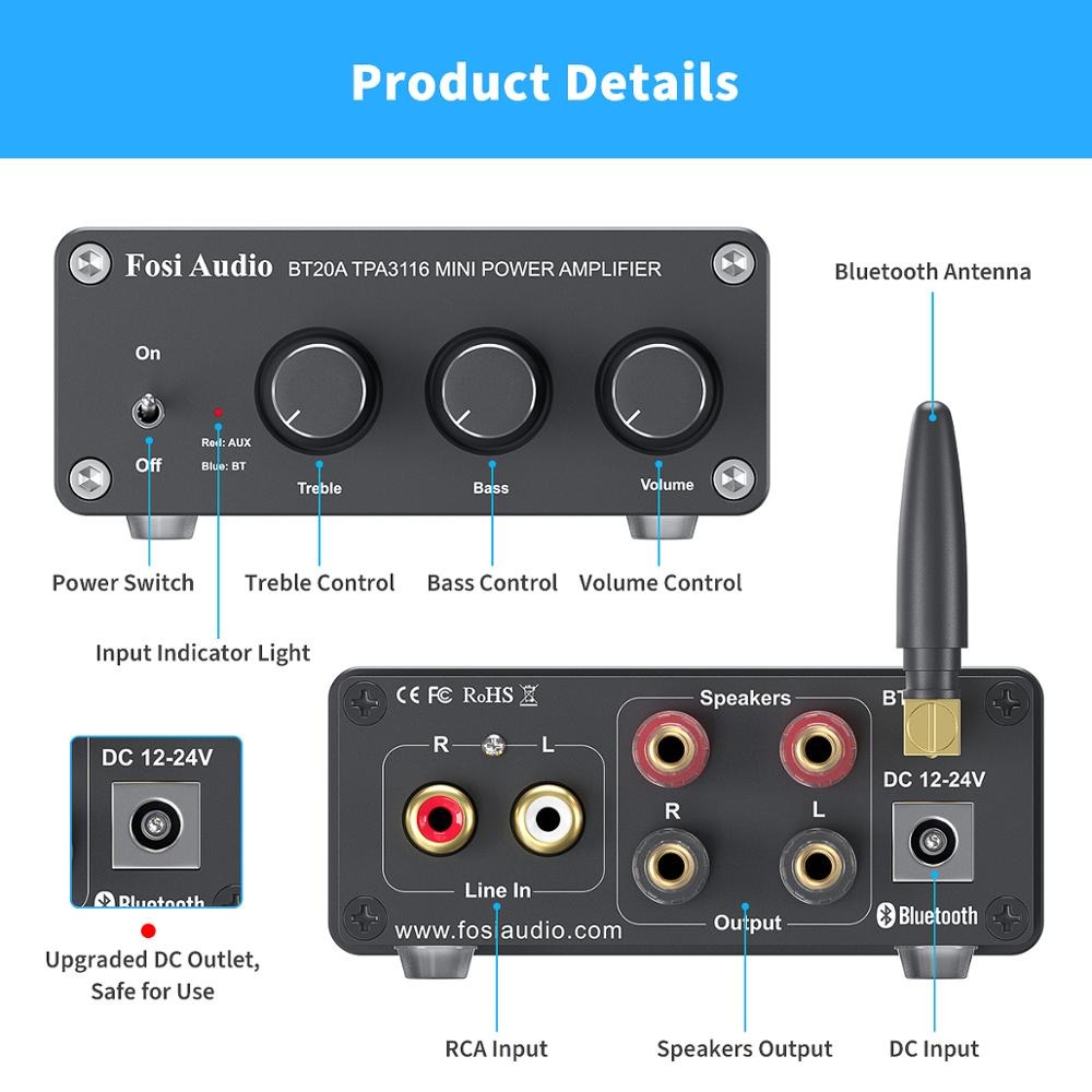 Fosi Audio Mini Power Amplifier Bluetooth 5.0 2 Channel TPA3116 - BT20A