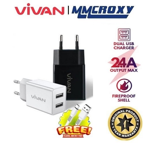 Vivan DD02 Adapter Charger + Kabel Micro USB Dual Port 12W