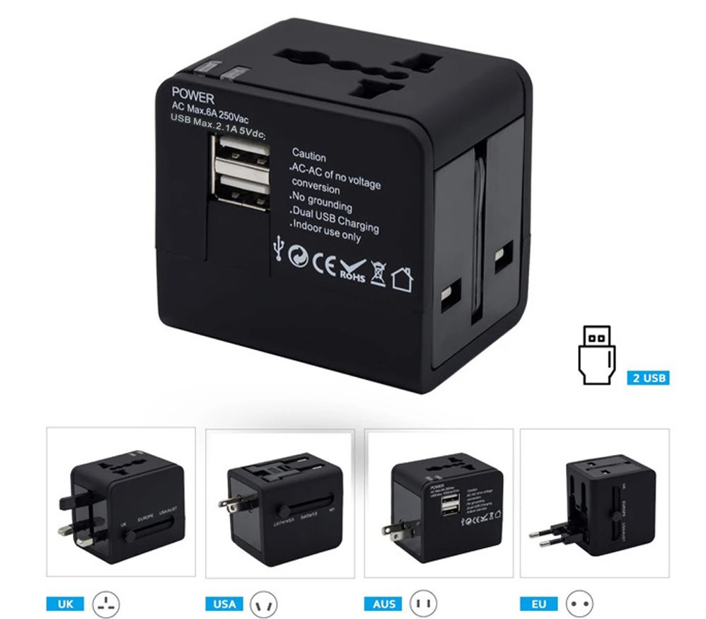 ETORA Travel Adaptor Universal Plug EU UK US/AUST 2.1A USB A Port - JY-148