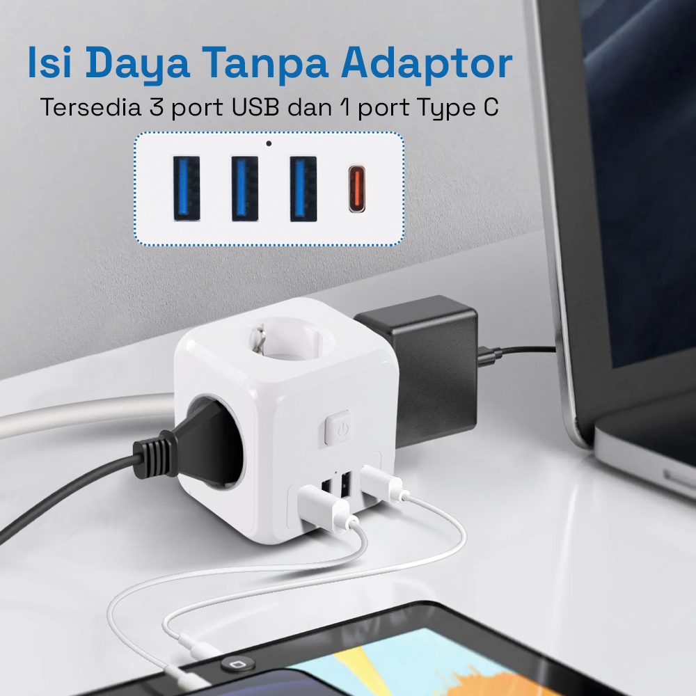 LENCENT Stop Kontak 7 in 1 USB Type C Port Cube Wall Socket Extension - CN-2G3M