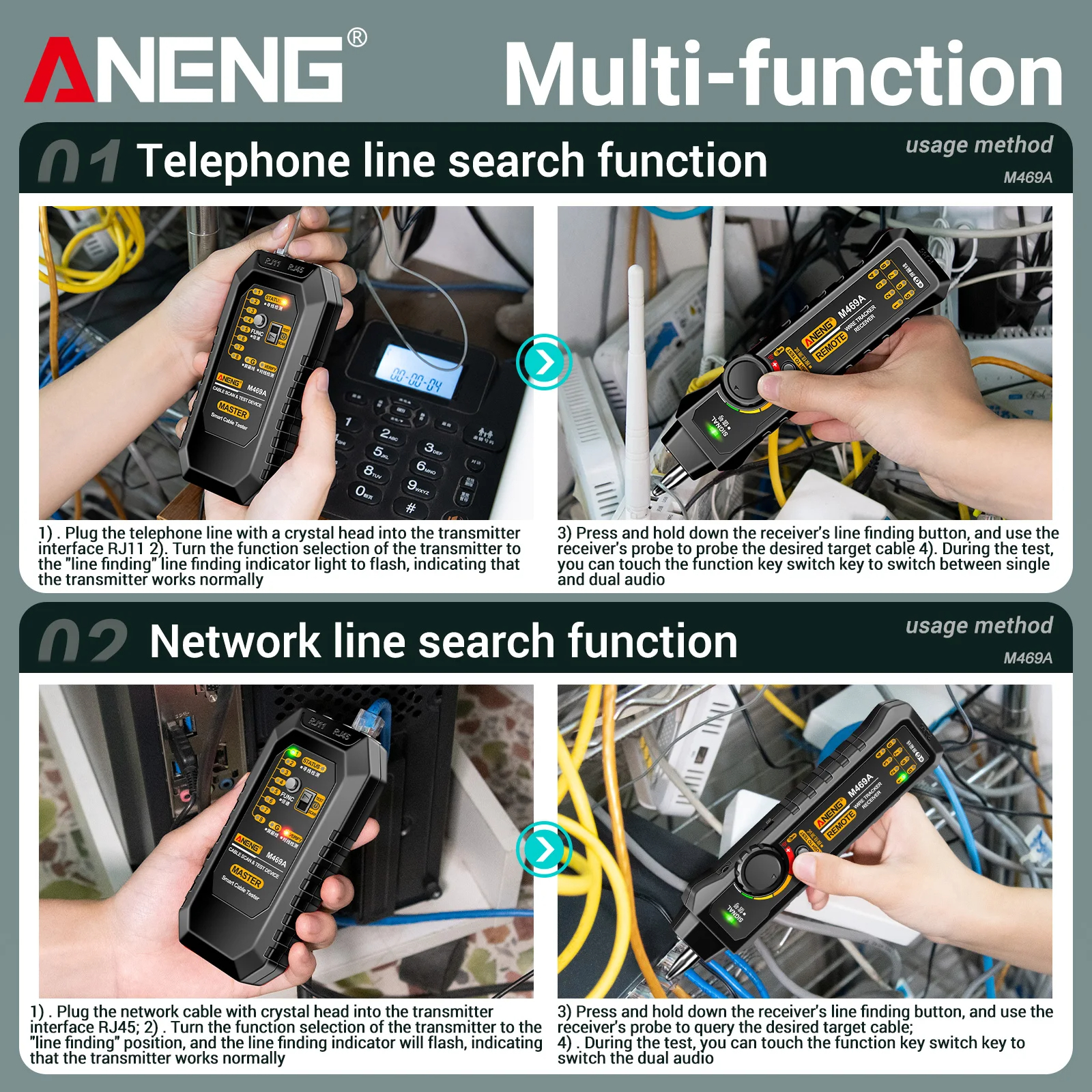 ANENG Tester Kabel Jaringan Network Internet Telepon RJ45 RJ11 - M469A