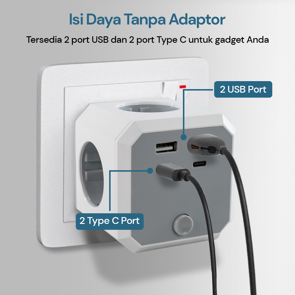 DIHFEVAO Stop Kontak 8 in 1 USB Type C Port Cube Wall Socket Extension - HHT102