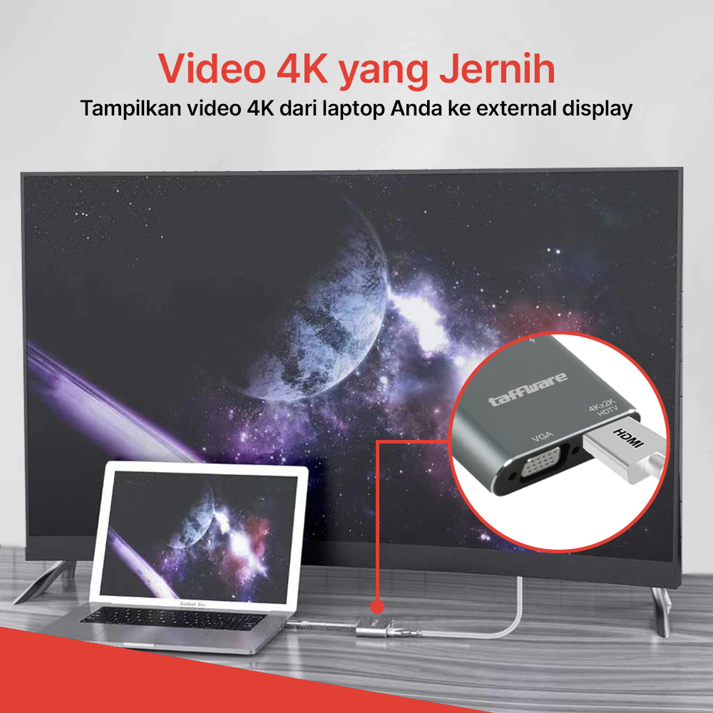 Taffware Video Adaptor 4 in 1 USB Type C to HDTV VGA PD Charging 4K - D87