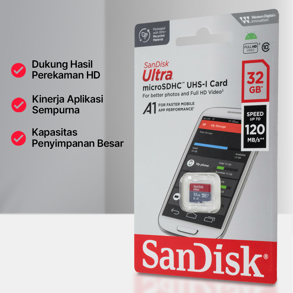 Kartu Memori CCTV MP3 Penyimpanan Ultra microSDHC UHS-I Class 10 A1 120MB/s - SDSQUA4