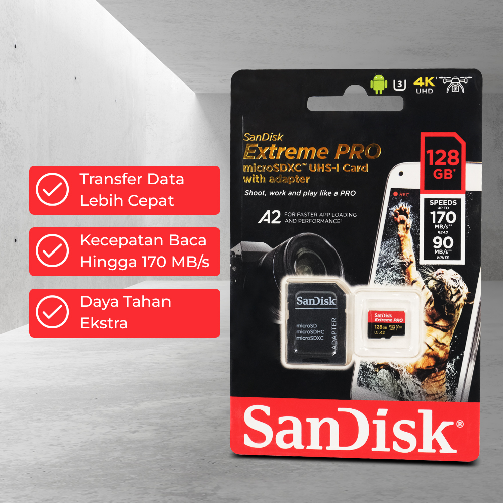 Kartu Memori CCTV MP3 Penyimpanan Extreme Pro microSDXC UHS-I Class 10 A2 V30 U3 170MB/s - SDSQXCY