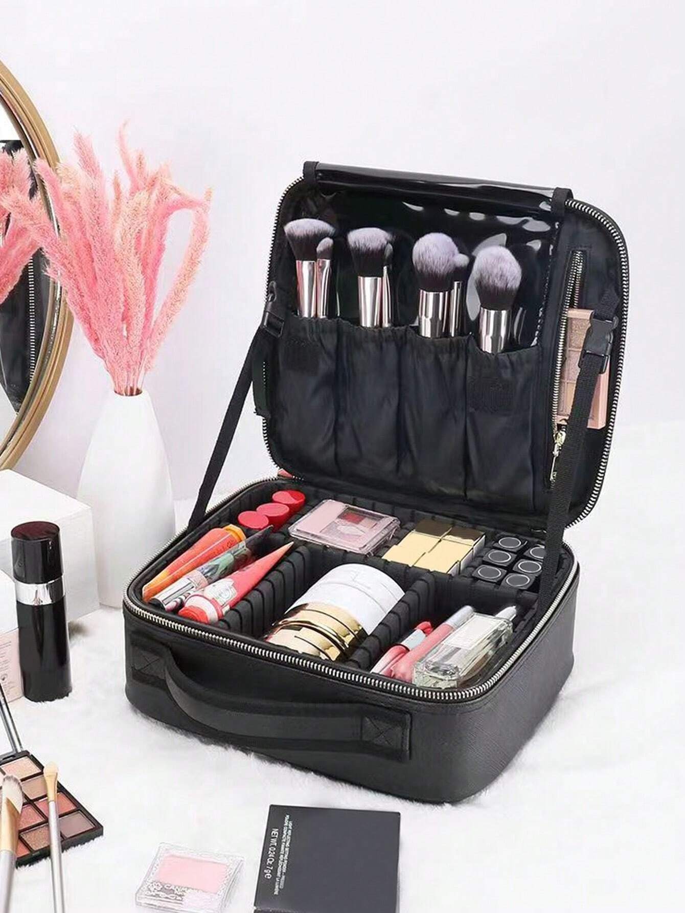 DHOPE Tas Make Up Kosmetik PU Leather Portable with Brush Slot - D-111