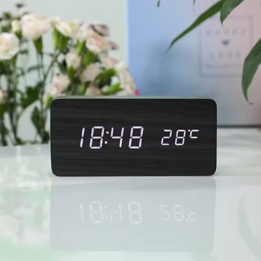 Jam Alarm LED Digital Wood Clock with Temperature